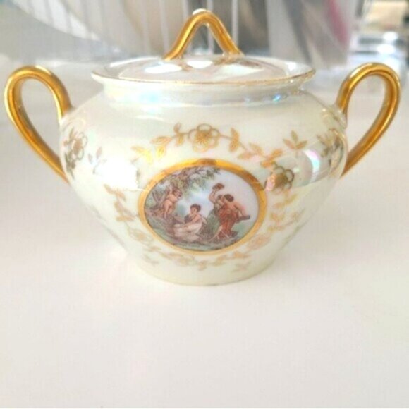 Beautiful Vintage Bavaria, East Germany, Irridescent Gilded Sugar Bowl With Lid - Picture 1 of 7